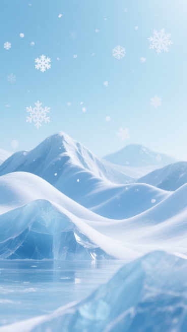 3D渲染风格的山水雪景海报，整体采用纯净的浅蓝色调，柔和的光线从上方照射，营造出宁静清冷的氛围。画面中，连绵起伏的山峦被设计成流畅的波浪形态，表面覆盖着半透明的冰层，冰层下可见细密的纹理，如同冰冻的湖面。山峰呈现出渐变的蓝白色，边缘有细腻的高光，增强了立体感和冰雪的质感。空中点缀着大小不一、形态各异的雪花，有的轻盈飘落，有的静静悬浮，雪花的棱角清晰可见，晶莹剔透。构图上，山峦从画面底部向上延伸……预览效果