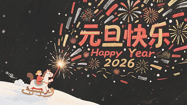 主体：左下角一个微缩的卡通骏马骑着祥云雪橇，手拿着点燃的烟花棒，烟花喷出的光影自上而下落下密集的各色 “元旦快乐”“Happy New Year 2026” 字样，成烟火状，几乎铺满整个画面。
装饰元素：其余部分留白 
色调：元旦喜庆色调（以红、金、银为主） 
背景：黑色肯特纸 
风格：手绘风格
像素：4k