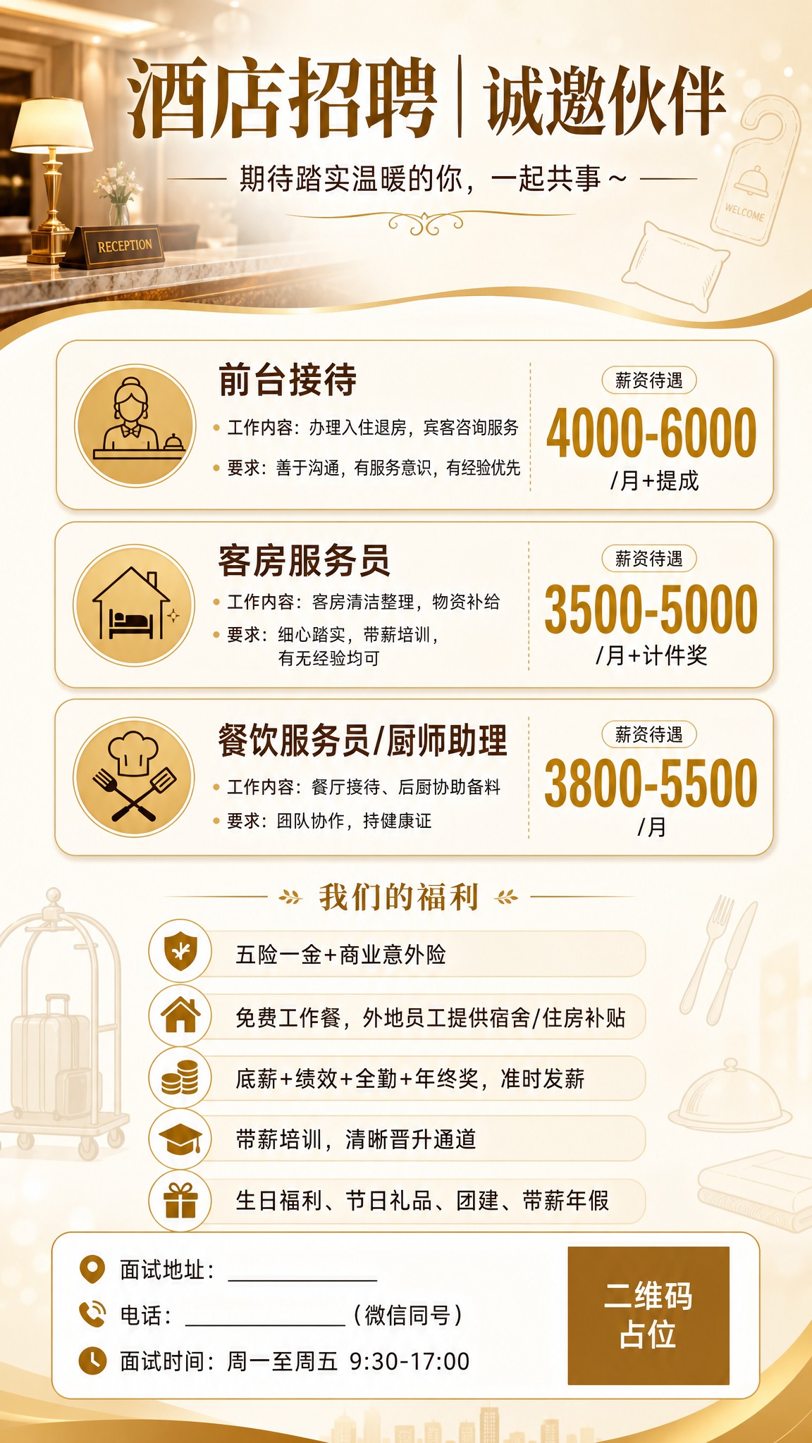 一张酒店招聘竖版海报，9:16比例，温馨专业商务风格，暖金色与… - 图片创意预览