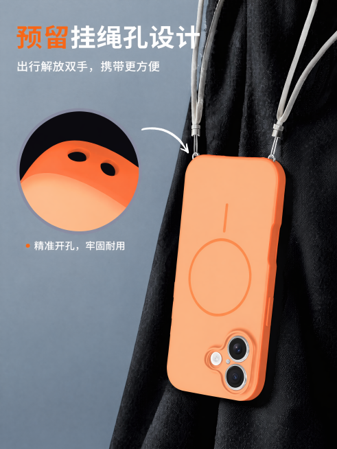[第8屏] 细节设计展示，挂绳孔和按键工艺特写，本屏使用【图6】产品内容作为参考。
[氛围/风格] 简约细节展示，清晰干净，突出设计巧思
[元素布局] 主体产品竖放在画面偏右下，挂绳佩戴展示，左上角圆预览效果