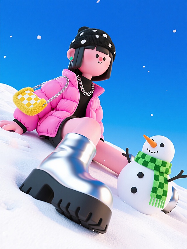 女生（粉色蓬松羽绒服，搭配黑色带白点帽饰、银色亮面厚底靴，身侧挂黄格纹毛绒边包包，颈部饰银色链条）躺在雪地里。围绿格纹围巾的小雪人玩偶