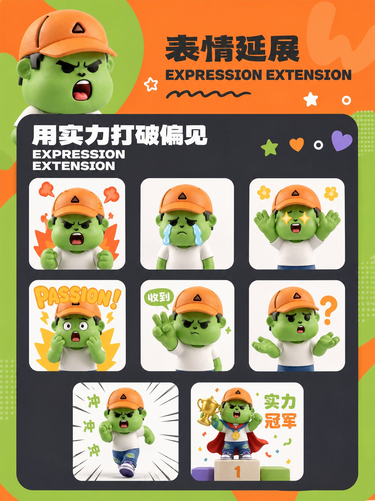 参考上传图的表情延展海报版式排版，制作绿皮肤橙色棒球帽潮玩IP… - 图片创意预览