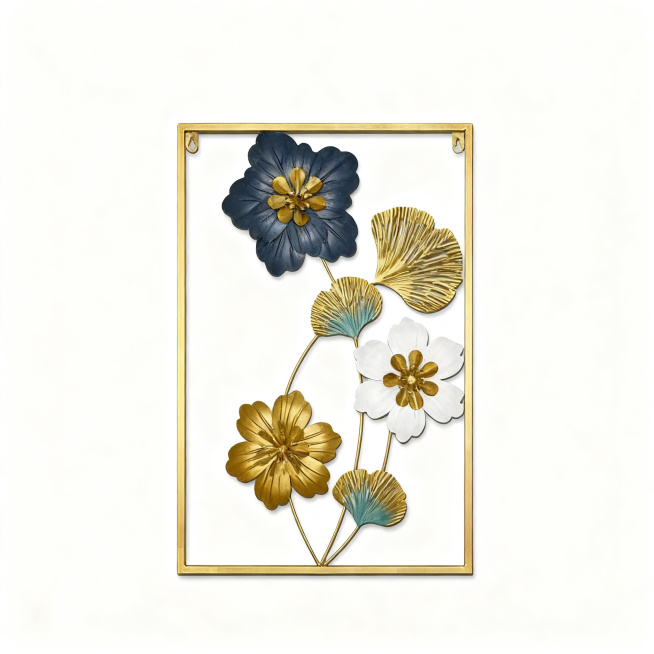 [Main Image 1] Full product presentation on pure white background. Golden framed metal floral wall h预览效果