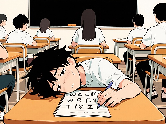 画面中教室场景下懒鬼哥趴课桌，单手撑歪头另手垂落不拿笔，单词本字母歪扭，整体为粗线条高饱和色彩的漫画风格，尺寸760x570像素。而其他同学都在认认真真的听讲，主人公和周围同学对比反差很大