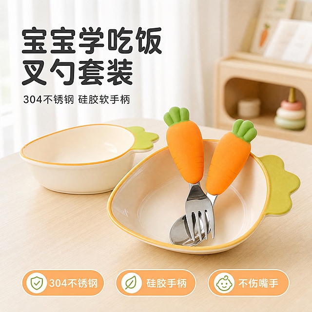 [主图-1] 胡萝卜造型儿童304不锈钢叉勺套装首图，突出宝宝自主吃饭更安心的核心利益点。
[统一基调] 柔和亲子感，干净通透，浅色暖调，自然窗光，安全可信，柔软包裹感；主色奶油白，辅助色浅橙+浅绿，标题圆润黑体深灰，卖点标签圆角胶囊浅橙底白字，图标线条浅绿。
[画面] 产品为胡萝卜造型硅胶手柄的儿童叉勺套装，叉勺头部为304不锈钢银色，手柄为橙色硅胶配绿色胡萝卜蒂造型，形状颜色与输入图完全一致，不变形不变色。叉勺套装斜放在浅原木色儿童餐桌上，旁边搭配一个同款胡萝卜造型小陶瓷碗（碗身米白、碗口橙边、一侧绿色叶子把手），背景是模糊的明亮儿童餐厅，有白色窗帘和柔和自然光。产品占画面约65%，居中偏右，完整不切割。左上角大标题，底部3个圆角胶囊卖点标签。
[光影质感] 商业儿童产品摄影质感，柔和侧上方自然光，不锈钢叉头有细腻高光反射，硅胶手柄呈现哑光柔软质感，底部有自然柔和接触阴影，整体明亮通透。
[配色] 背景奶油白+浅木色，标题深灰，标签浅橙底白字，点缀浅绿图标，整体暖调柔和。
[文字版式] 左上角主标题圆润黑体大字"宝宝学吃饭 叉勺套装"，副标题小字"304不锈钢 硅胶软手柄"；底部从左到右3个圆角胶囊标签："304不锈钢"、"硅胶手柄"、"不伤嘴手"。文字放在负空间，不遮挡产品主体。
[输出要求] 1:1正方形，800x800，产品清晰不变形，文字清晰可读，画面干净柔和。禁止变形、错字、模糊、杂乱、水印、平台Logo、夸张促销字样。