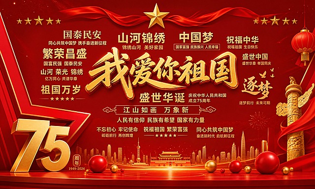 参考图的版式骨架与红金国庆氛围，设计一张超宽横版国庆主题背景板。保留参考图的文字云排版结构、红色主色调、金色点缀、立体数字75、五角星、华表/灯笼等国庆元素，整体风格为大气庄重的节庆背景板。画面中央主标题为"我爱你祖国"，大字醒目，金色立体字效果。周围环绕国庆主题文字云，包含"国泰民安""山河锦绣""繁荣昌盛""盛世华诞""中国梦""山河 荣光 锦绣""江山如画 万象新""人民有信仰 民族有希望 国家有力量""祖国万岁""祝福中华""盛世中国""逐梦"等祝福语，文字大小错落有致，形成丰富的文字云层次。左下角有立体金色数字"75"纪念建国75周年。背景为深红色渐变，顶部有金色五角星和红色飘带装饰，底部有红色立体圆球和金色装饰元素，左右两侧有红色斜切几何色块增加动感。整体画面喜庆庄重，红金配色，适合作为大型活动国庆背景板使用。画面中所有文字必须清晰可读，排版精美，超宽幅横版构图，四周留足安全边距。