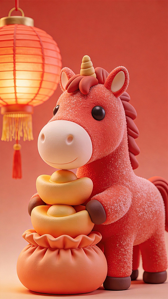 软3D粘土风卡通马，手持金元宝与福袋，搭配红灯笼，喜庆可爱，充满春节氛围。