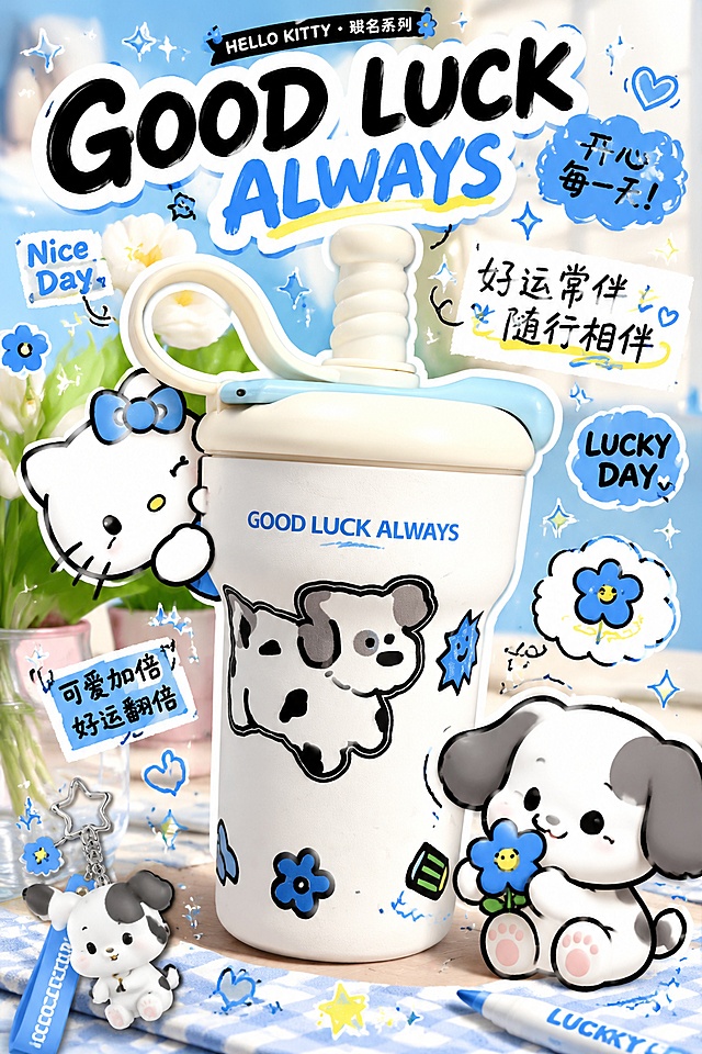 生成一张杯子和hellokitty的联动海报，创新性，抓眼球，好玩，好看，保留原图杯子的基础设计，融合hellokitty元素，可爱风格，色彩活泼