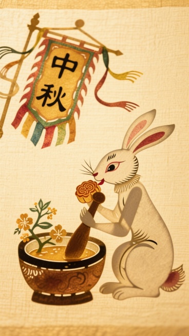 传统皮影，玉兔在捣药杵旁啃月饼，药臼里盛着桂花蜜，上方飘着带 “中秋” 二字的幡旗，浅黄绢布背景预览效果