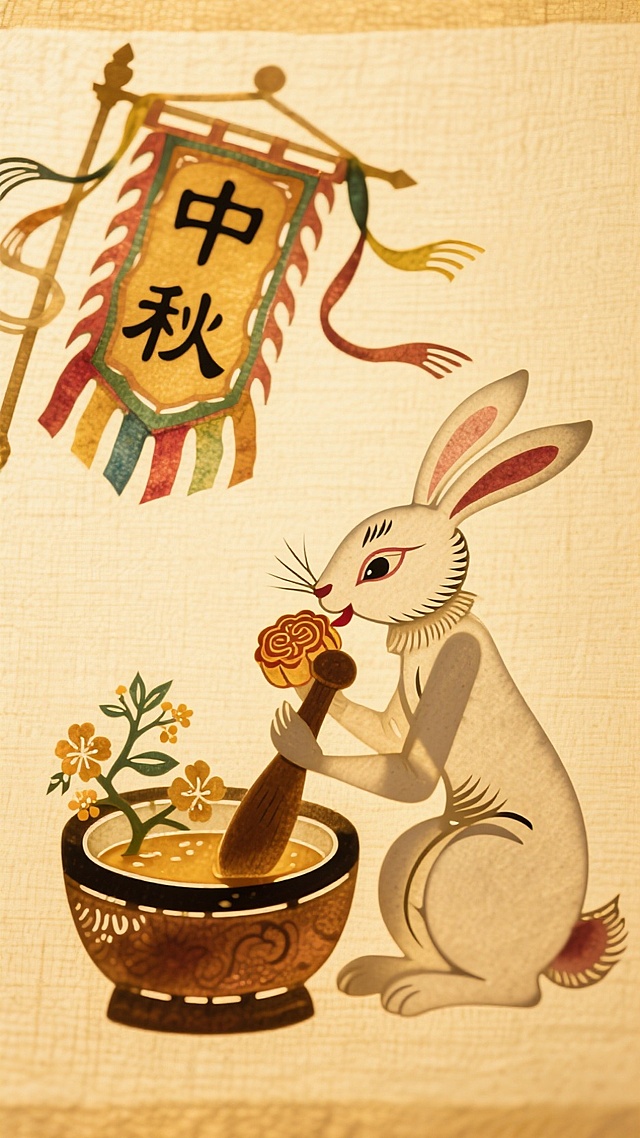 🐰传统皮影玉兔啃月，桂花蜜配幡旗超萌