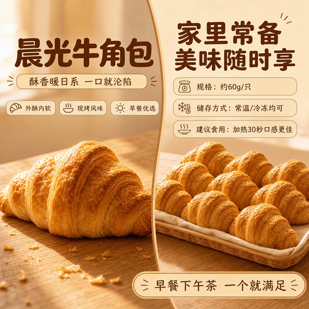 [商品] 使用【图1】晨光牛角包；保留牛角包造型、酥皮纹理和金… - 图片创意预览