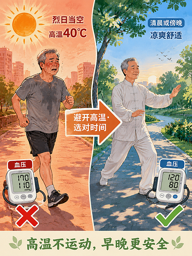 夏季公园或小区场景，左边画面是错误示范：烈日当空（太阳图标+高温40℃），一位中老年人在中午快走，满头大汗，旁边血压计显示"170/110"，打红叉。右边画面是正确示范：清晨或傍晚，橙色柔和光线，同一位中老年人在树荫下打太极拳或快走，表情轻松，旁边血压计显示"120/80"，打绿勾。中间有箭头从错误指向正确，标注"避开高温·选对时间"。整体色调，左边偏热红，右边偏清新蓝绿。画风为手绘插画风格，对比鲜明。画面下方写一行小字"高温不运动，早晚更安全"