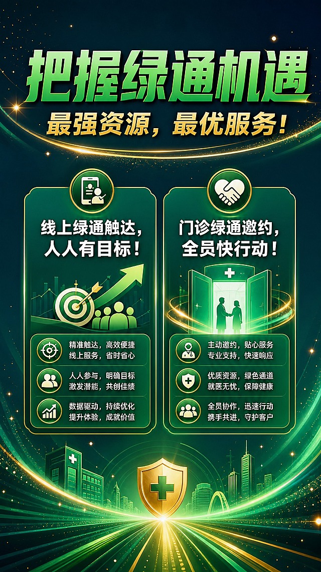保险公司绿通服务主题手机海报，绿色与金色搭配，专业清新金融风格。画面顶部大标题"把握绿通机遇"，绿色粗体大字，视觉冲击力强。副标题"最强资源，最优服务！"金色字体，紧随主标题下方。中部两个信息板块左右或上下排列：第一板块标题"线上绿通触达，人人有目标！"，第二板块标题"门诊绿通邀约，全员快行动！"，白色清晰字体，配绿色图标或线条装饰。背景为深蓝绿渐变，带有绿色光带、金色星点粒子和医疗/通道相关抽象图形元素，营造专业服务质感。整体版式精美，层级分明，四周留有安全边距。画面中不得出现二维码、二维码占位符或任何额外文字，仅保留指定文字。画面中所有信息区域必须填充完整合理内容，不得出现空白框、空白占位、横线待填写区域。超高清画质，2K分辨率，9:16竖版手机海报比例。