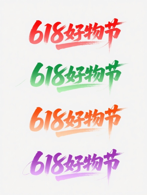 一组4个保持“618好物节”文字内容和文案的电商促销标题设计，采用手写毛笔笔触风格，每个设计改变不同颜色（如红色渐变、绿色渐变、橙色渐变、紫色渐变）和细微造型变化（如笔触粗细、飞白细节、装饰线条走向），保持书法字体的洒脱流畅感与力量感，整体视觉层次突出，适合电商促销场景的海报标题元素。预览效果