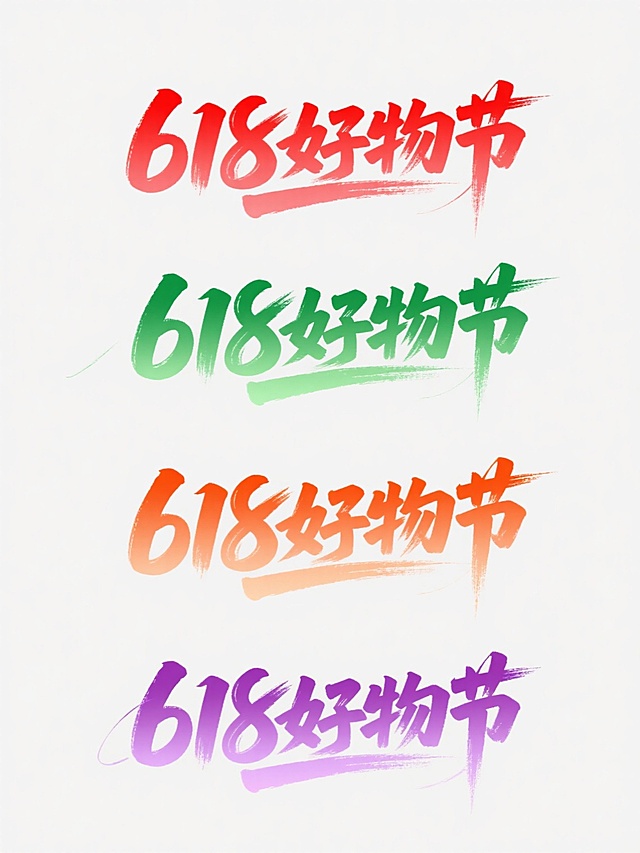 一组4个保持“618好物节”文字内容和文案的电商促销标题设计，采用手写毛笔笔触风格，每个设计改变不同颜色（如红色渐变、绿色渐变、橙色渐变、紫色渐变）和细微造型变化（如笔触粗细、飞白细节、装饰线条走向），保持书法字体的洒脱流畅感与力量感，整体视觉层次突出，适合电商促销场景的海报标题元素。