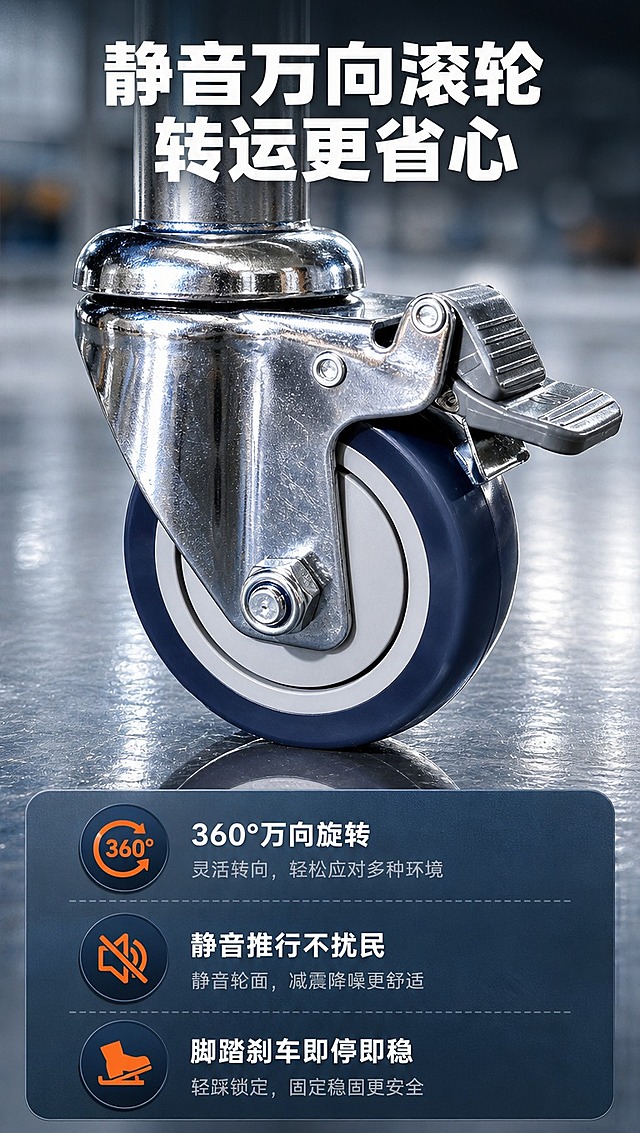 [商品] 使用【图1】的万向滚轮特写作为主素材，放大展示滚轮细节；保留金属支架、镀铬万向接头、深蓝色静音轮面、灰色刹车踏板、螺丝固定结构、金属焊接工艺；滚轮结构、比例、材质、颜色完全忠实原图，增强金属反光和质感。
[画面] 页面目标：万向滚轮细节展示，突出静音万向轮+刹车的核心优势；构图：上半部分滚轮大特写占画面50%，下半部分信息说明区；景别：微距特写；滚轮放置于光滑工业地面上，带自然倒影；背景虚化突出滚轮主体；阅读动线：从上到下，先看细节再看功能说明。
[视觉] 套系策略：风格=工业医疗专业商业摄影；标题字=粗黑体；正文字=常规黑体；主色=深蓝灰；背景延展=基于深蓝灰做深浅层级、同色渐变和金属/水泥质感；强调色=橙红色，仅用于小面积图标、引线和标签；标题色=白色/深灰；正文色=中灰/浅灰；组件=微距特写+底部信息卡+图标列表；光影=侧光突出金属质感与轮面纹理，地面带反射。
[文字] 顶部主标题「静音万向滚轮 转运更省心」；底部信息卡列3个功能点：360°万向旋转、静音推行不扰民、脚踏刹车即停即稳；配3个对应小图标；文字全部横向排版，字号保证移动端清晰可读。
[规格] 图片比例9:16竖版，4K分辨率，medium质量；避免变形、错字、文字过小、医疗功效承诺、绝对化用语、滚轮结构失真。