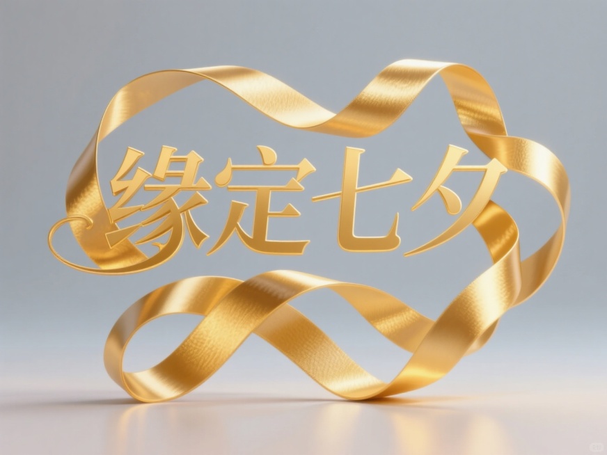 用金色袖带缠绕而成的中文字“缘定七夕”，每个字都由缎带巧妙地弯曲和缠绕构成，字体飘逸秀丽，线条丝谱流畅，增强了立体感和视觉冲击力。整体风格简约而现代，光线均匀分布，营造出一种干净、清晰的氛围。文字的排预览效果