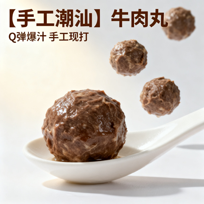 [主图 1] 潮汕牛肉丸电商首图。[氛围风格] 现代极简风，灵动清新，极具食欲感。[画质] 商业摄影质感，光线柔和通透，产品清晰真实，画面干净高级，超高清。[元素] 画面中心一把白色哑光勺子，勺子上静预览效果