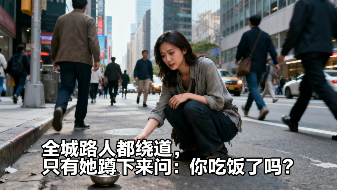 真人摄影风格，现代都市拥挤城市街道，路人匆匆绕开街边的乞讨碗，只有一位温柔亚洲美女停下蹲下来，表情关切，电影质感，图片底部叠加白色大字黑色描边标题文字"全城路人都绕道，只有她蹲下来问：你吃饭了吗？"预览效果