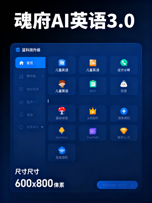 学习机界面菜单图片，界面顶部显示大标题"魂府AI英语3.0"，现代简洁UI设计，深蓝科技升级风格，清晰的功能菜单布局，适合儿童英语学习，整体清晰干净，尺寸600x800像素预览效果