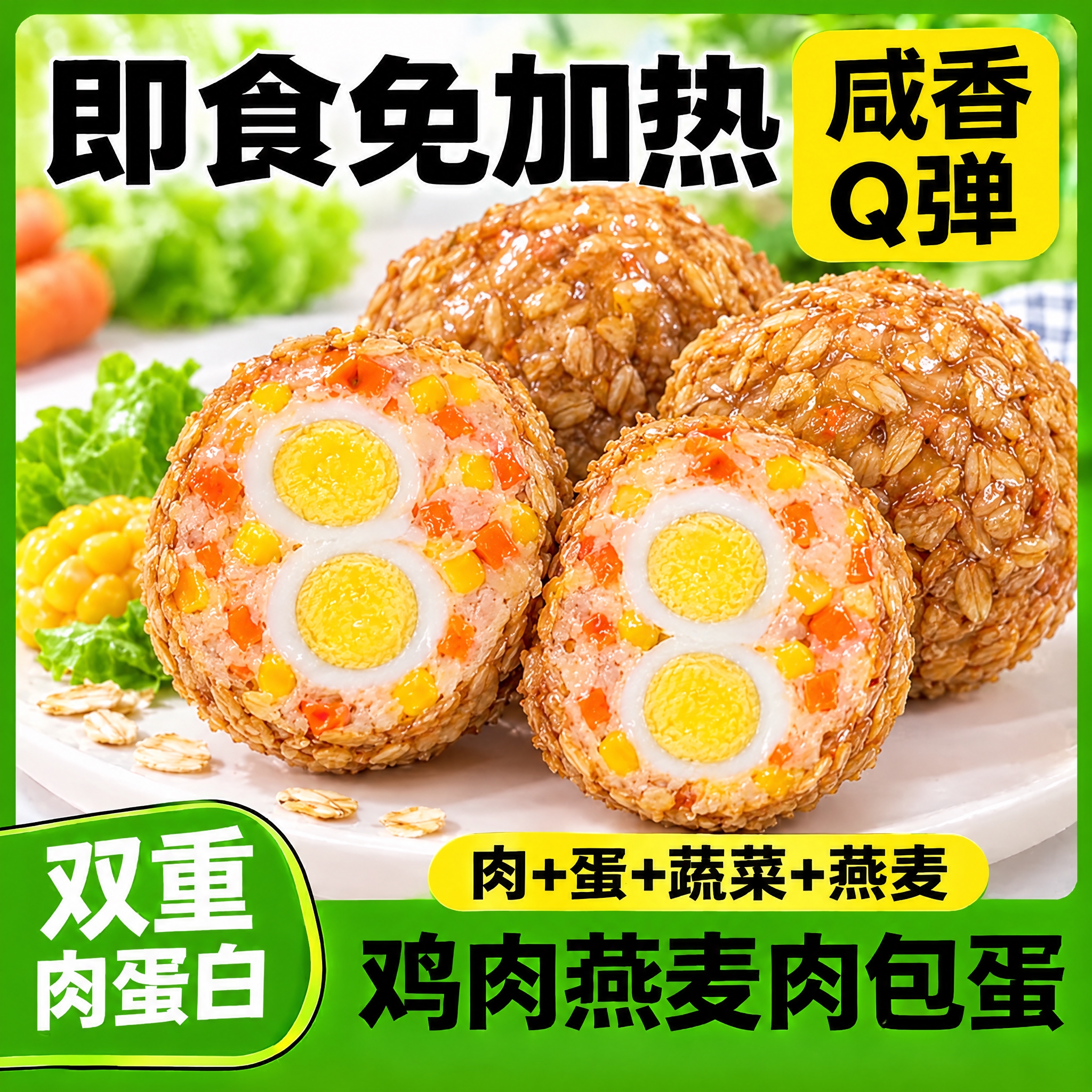 将第一张图白色餐盘上的燕麦肉包蛋替换为第二张图中的双蛋黄燕麦肉… - 图片创意预览