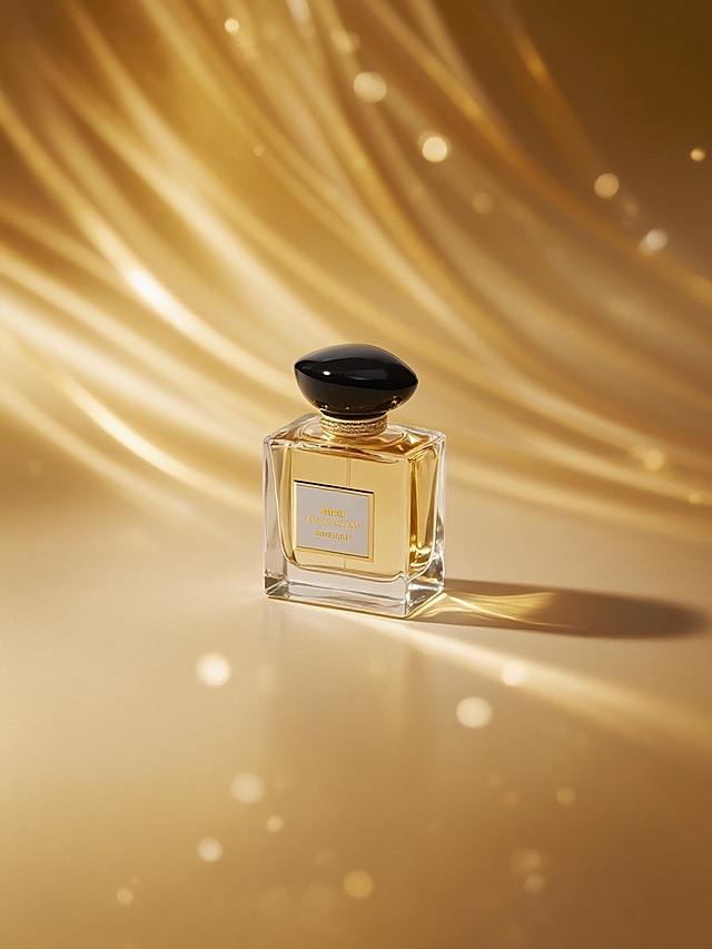 以暖金色为基调，用流动金色线条、朦胧光斑做背景，强化精致光影效果，聚焦瓶身，奢华高端质感，突出光影对瓶身光泽和立体感的塑造 。