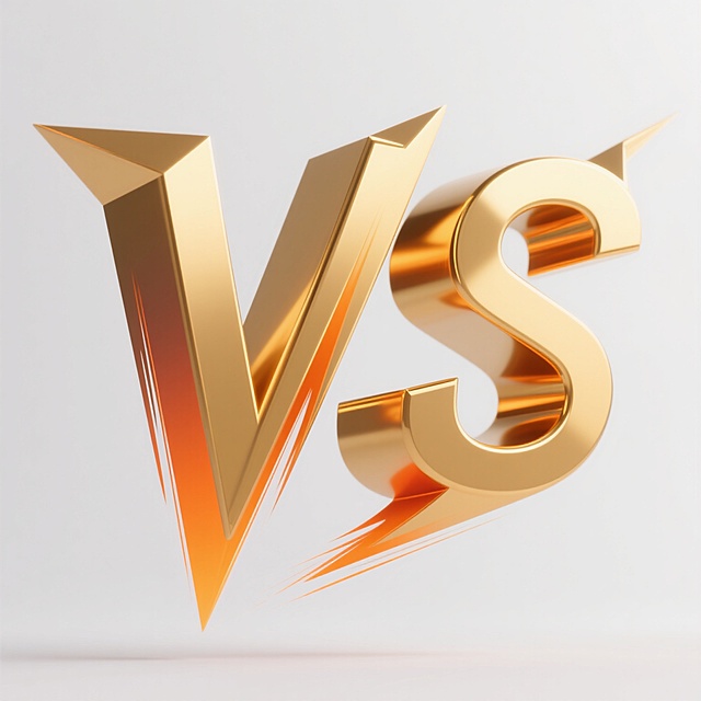 白色背景，金色渐变立体艺术字“VS”，具有强烈的笔触质感和光效，字体为锐利的几何无衬线体，边缘带有橙色光晕和金色高光，整体呈现出金属光泽和动感，光影效果突出，立体感强，视觉冲击力强。