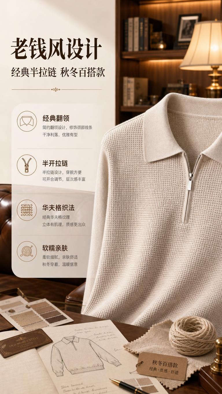 [商品] 使用【图1】燕麦杏色半拉链翻领针织衫；商品处理：保留… - 图片创意预览