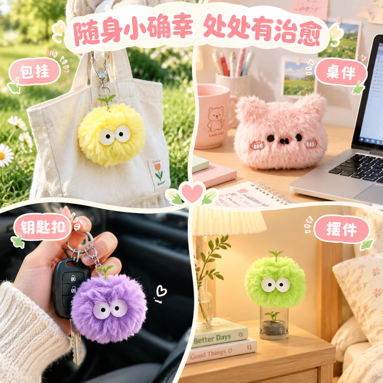 [主图-4] 真实使用场景图，展示毛绒盆栽挂件在日常生活中的多… - 图片创意预览