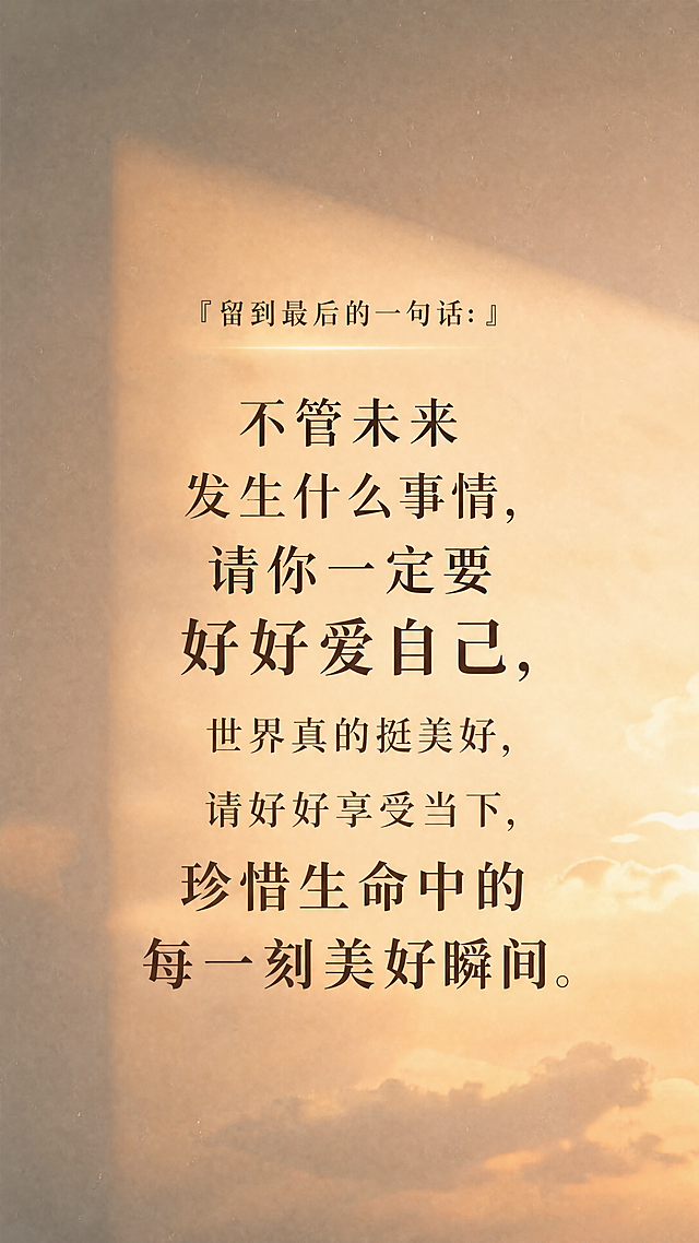 文字型抖音图文收尾页，延续简约治愈电影感风格，文字内容：留到最后的一句话：不管未来发生什么事情，请你一定要好好爱自己，世界真的挺美好，请好好享受当下，珍惜生命中的每一刻美好瞬间。文字排版清晰，适合竖屏抖音观看