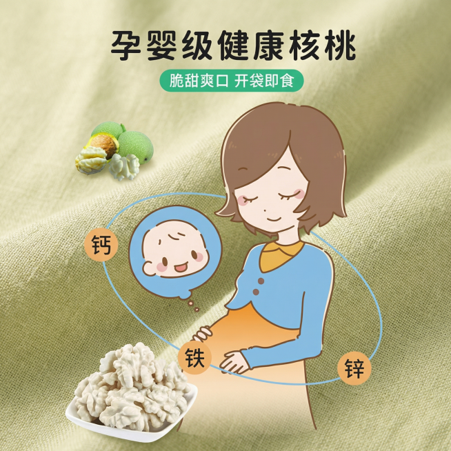 孕婴级健康核桃宣传图，保持原有卡通孕妇插图、文字内容、核桃产品展示和营养标签钙铁锌位置不变，替换原米白色背景为真实干净的浅暖绿色亚麻布料背景，整体温馨柔和风格，突出健康营养卖点，保持750x750尺寸预览效果