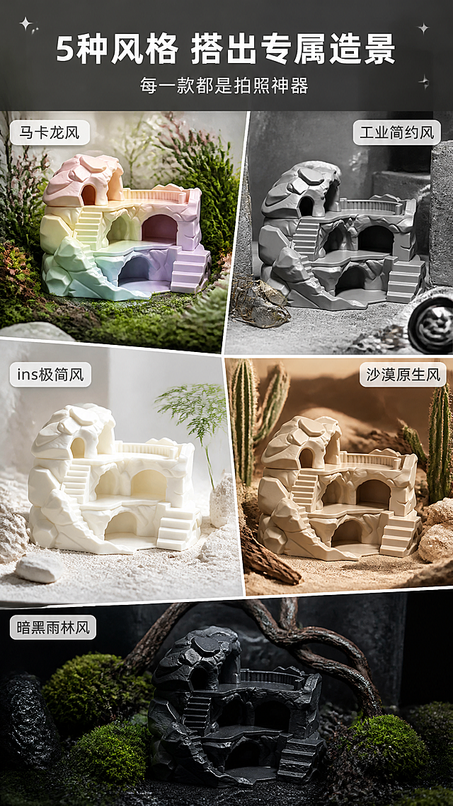 [第7屏] 场景搭配展示屏-不同造景风格适配。本屏使用5款产品分别对应5种造景风格拼图展示。
[氛围/风格] 多场景拼贴风+商业摄影质感，每种风格氛围鲜明，视觉丰富。
[元素布局] 画面分为5个场景区块拼图展示：1.左上：马卡龙渐变款+清新绿植造景（苔藓、多肉、小花），标注「马卡龙风」；2.右上：水泥灰款+工业风造景（水泥块、金属装饰），标注「工业简约风」；3.左中：奶白色款+极简白砂造景（白沙、白石），标注「ins极简风」；4.右中：沙漠米色款+沙漠造景（细沙、仙人掌、枯木），标注「沙漠原生风」；5.底部通栏：玄黑色款+暗黑雨林造景（黑沙、深色苔藓、枯藤），标注「暗黑雨林风」；每款产品颜色结构分别与对应输入图一致。
[光影质感] 每个区块有独立的场景光照，马卡龙风明亮柔和，工业风冷硬，极简风干净明亮，沙漠风暖黄，暗黑风低光暗调，各有氛围。
[配色色系] 多区块多色调，整体协调丰富；每个区块有自己的主色调；标题统一白色字配深色半透明底。
[视角构图] 拼图式布局，5个场景块错落排列，阅读动线从左上到右下依次浏览。
[文字版式] 版式为顶部通栏大标题+下方5格场景拼图。主标题「5种风格 搭出专属造景」，副标题「每一款都是拍照神器」；每个场景块角落有风格名称标签：「马卡龙风」「工业简约风」「ins极简风」「沙漠原生风」「暗黑雨林风」；标签为半透明白底黑字或黑底白字，保证可读性。
[比例分辨率] 9:16竖版比例，4K分辨率，文字清晰可辨，高清画质。
[负向提示词] 产品变形，结构错误，颜色偏差，拼图错位，水印，文字过小，场景元素杂乱。
