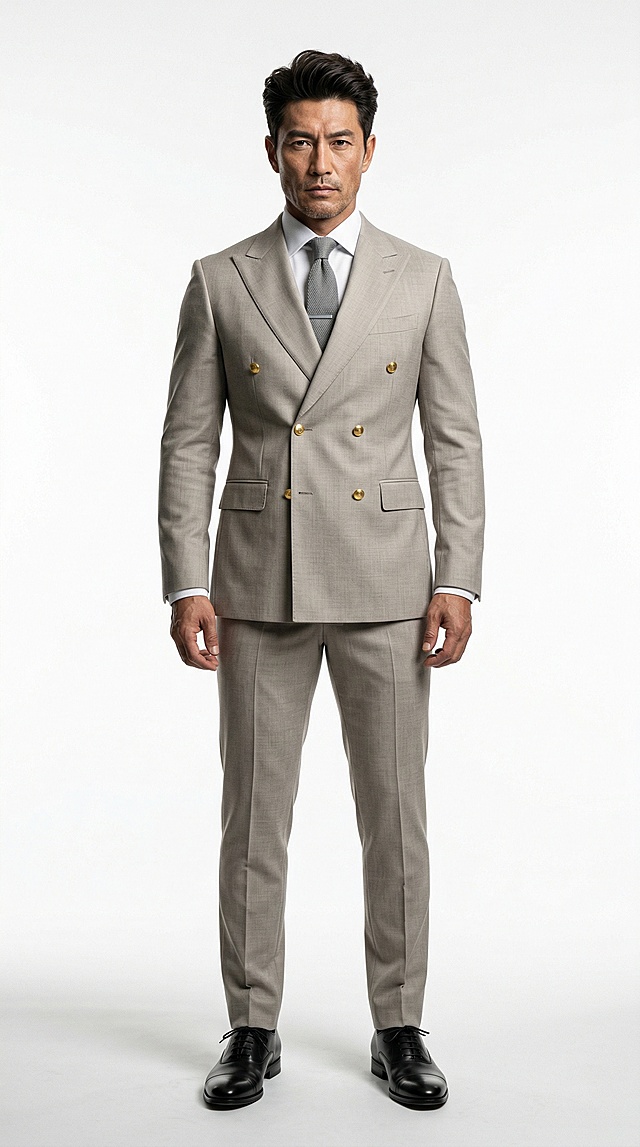 8K超高清，全身镜头，完整全身站立立绘，35-45岁东亚成熟男性，硬朗帅气的面部轮廓，锋利清晰的下颌线，深邃锐利的冷冽眼神，严肃沉稳的表情，深棕黑色蓬松背头短发，宽肩窄腰，健硕挺拔的身材，端正站姿，正对镜头，浅米灰色双排扣戗驳领西装，6颗亮面金色金属对称纽扣，修身剪裁西装，内搭纯白色正装衬衫，浅灰色针织领带，同色系修身直筒西裤，黑色亮面真皮牛津正装皮鞋，细腻精纺羊毛面料质感，真实皮革纹理，金属材质自然反光，纯白色纯色背景，影棚柔光，正面主光，柔和阴影，人物底部自然浅投影，Unreal Engine 5渲染，PBR物理级材质，超写实3D风格，次世代渲染，光线追踪，全局光照，皮肤次表面散射，超高细节，无噪点，焦点清晰，电影级光影