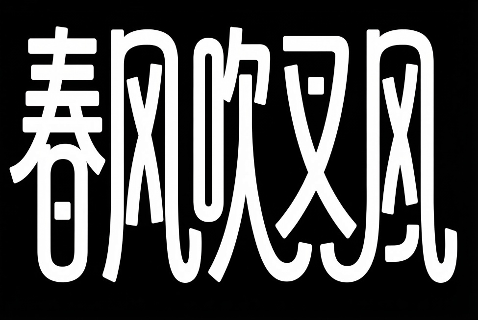 汉字艺术字体设计，文字内容“春风吹又风”，横向排版，白字，纯黑色背景，极简风格，扁平矢量图形，黑体变形设计，笔画边缘厚重，夸张的笔画张力和连笔处理，极具艺术感，笔画粗细均匀无变化，每个笔画都带有俏皮弧预览效果