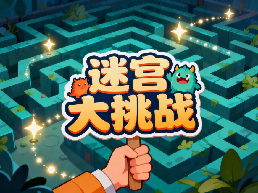 手举牌 文字是迷宫大挑战 加一个背景,尺寸改成宽42cm,高30cm预览效果