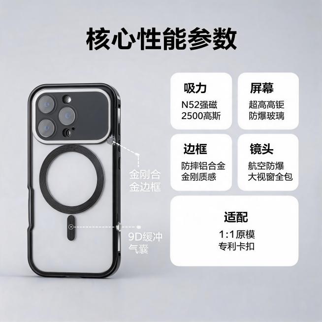 [主图-2] 万磁王手机壳核心结构与性能参数展示。
[氛围风格] 专业参数展示，科技精密感；
[画质] 商业摄影质感、光线清晰均匀、产品细节真实、画面整洁专业。
[元素] 采用左右分栏构图，左侧展示手预览效果