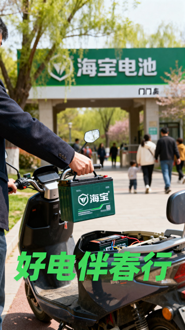 参考海宝电池门头照片，以虚化的门头为背景，前景是一位正在给电动车装电池的车主，手提海宝电池包装盒，盒子上海宝商标清晰可见，背景是公园入口，人们正在踏青，柔和日光，色彩明快，生活化抓拍感，真实自然，图片预览效果