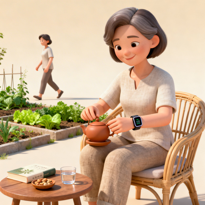 趣味3D插画风格，阳光明媚午后庭院，一位温和从容中年女性，短发整齐，穿着舒适棉麻衣裤，坐在藤椅上，面前摆着一套茶具正在缓缓泡茶，手腕上智能手环显示各项健康指标良好，旁边小桌放着一本养生书籍、一小碟坚果预览效果
