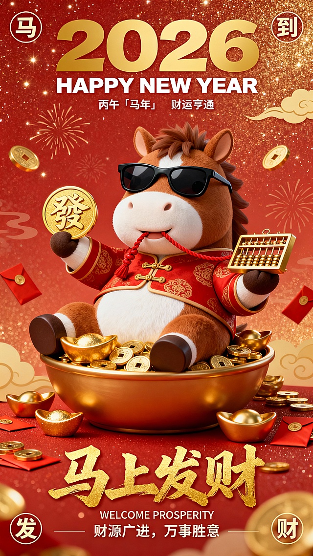 3D 卡通风格马年春节海报，暖红底带细腻金粉星光纹理，点缀浅金祥云与烟花暗纹，整体质感饱满喜庆。主体是圆滚滚的棕白 Q 版小马，戴黑框墨镜、穿红底金纹盘扣唐装，坐在满溢金元宝的聚宝盆里，前爪举着烫金 “發” 字金牌，另一只爪托着迷你金算盘，嘴角还叼着红绳串起的铜钱，周围散落烫金金币、红包与小元宝，氛围热闹又招财。文字排版：
顶部：大字号金色 “2026” + 白色英文 “HAPPY NEW YEAR”
中上：小字 “丙午「马年」” + “财运亨通”
四角圆形字：左上 “马”、右上 “到”、左下 “发”、右下 “财”
底部：大尺寸金色书法字体 “马上发财”
底部小字：英文 “WELCOME PROSPERITY” + 吉祥话 “财源广进，万事胜意”