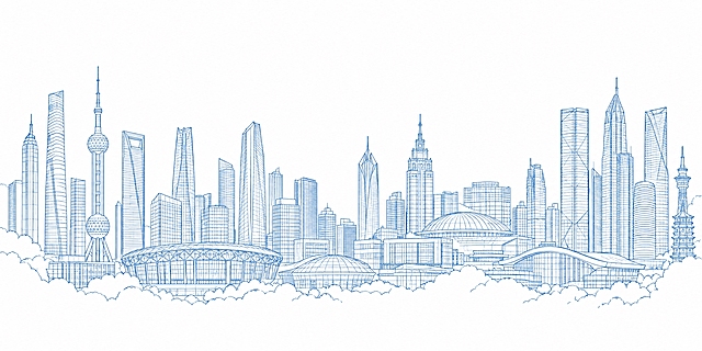 参考这张细线建筑插画的风格，重新生成画面内容并输出纯线稿版：浅色（白底或极浅背景）上，用细腻均匀的蓝色工程细线绘制一整座现代城市天际线插画，包含多栋风格各异的摩天大楼、塔楼、圆顶建筑、体育馆与高低错落的楼群，建筑立面用细密的平行线、网格线及透视辅助线表现结构和幕墙质感，线条干净精确，具有建筑剖面图/线稿图的质感；整体构图横向宽幅、建筑群横向展开、高低层次丰富。画面中不能出现任何文字、字母、数字、Logo、填色、渐变、阴影或彩色块，只有线条构成的建筑线稿。