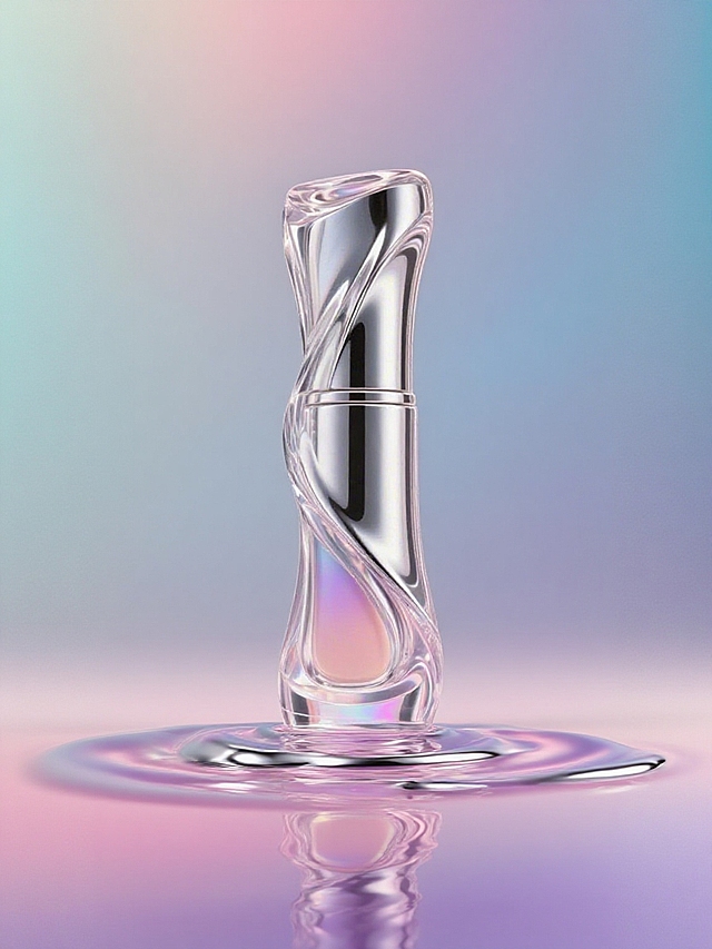 主体不变，主体放置在渐变炫彩流体（银、浅粉、浅紫、浅蓝交融 ）上，模拟‘流动液态金属’质感，侧上方柔光强化色彩渐变与流体高光