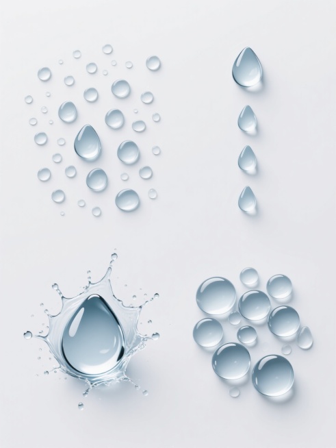 一组系列素材集合，包含4个完全不同造型的雨水元素设计，每个元素均采用高写实风格的透明水滴表现，水滴表面有细腻的高光和微妙的阴影过渡，保持纯净水的通透质感。所有元素规整排布在纯白色纯色背景上，第一个造型为密集随机散布的大小不一雨滴，第二个为垂直下落的线性雨滴组合，第三个为水滴碰撞形成的水花飞溅效果，第四个为聚集状的水滴群组。整体设计简洁干净，视觉层级清晰，信息传达高效，符合现代简约设计感，每个雨……预览效果