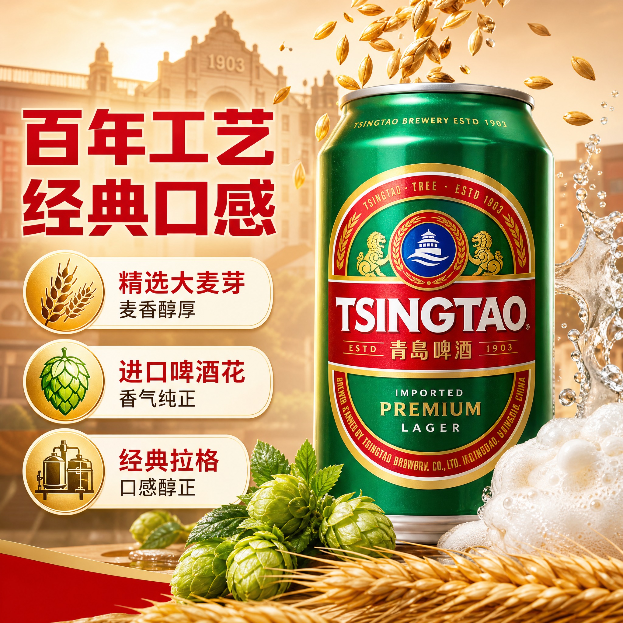 [主图-2] 青岛啤酒经典1903核心卖点图，突出百年工艺与优… - 图片创意预览