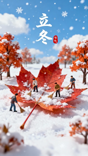 以冬日雪景为背景，巨型红枫叶上有多位小人手持扫帚扫雪，周围点缀积雪的橙红树木，天空飘雪、蓝天点缀白云，风格清新治愈。画面上有创意字体“立冬”二字，旁边有写着“节气”的红色小印章。预览效果