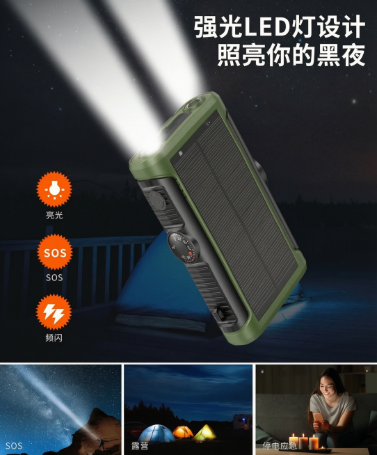 将第一张图中的移动电源产品替换为第二张图中的军绿色移动电源，保留原海报的所有文字、背景、底部展示图以及灯光效果细节，保持整体构图不变预览效果