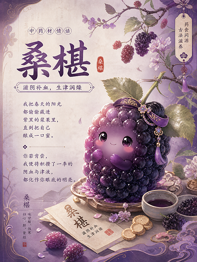 参考之前中药材情话海报的创意风格，设计一张新图，整体以紫黑色桑椹色为主色调，温暖治愈国风设计。内容：标题文字"桑椹（滋阴补血，生津润燥）"，文案："我把春天的阳光都偷偷藏进紫黑的浆果里，直到把自己酿成一口蜜。你若肯尝，我便将积攒了一季的阴血与津液，都化作你眼底的明亮"。加入拟人化可爱桑椹形象，搭配古风药材和花枝点缀，保留温馨浪漫风格，文字排版清晰，配色贴合桑椹的紫黑甜润质感。