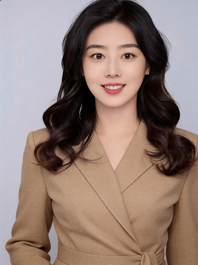 参考图中保留人物脸型、发型、年龄等特征生成职场形象照，保持人物不变，更换为卡其色精纺羊毛混纺西装外套，西裤同色，更换不同手势和姿势，保留耳环，简约微微暖调浅灰色纯色背景，画质超高分辨率、细节清晰，现代精致感风格；肤质精细化处理；眼神直视镜头，目光坚定且澄澈，表情自然，嘴角上扬；肤色均匀，柔光美白细腻陶瓷肌肤，哑光肤质，肤色均匀提亮；杰作，最佳画质，超高细节，写实摄影，中近景人像，皮肤细腻通透，白皙清透皮肤，柔光，正面补光，画面干净清新，高清皮肤细节；面部光比1:1.5，4800K中性光，微微修饰脸型，肤质哑光细腻，面部雾面柔光，轻透裸肌感，真实毛孔纹理；分辨率4K，严格保留原人物特征