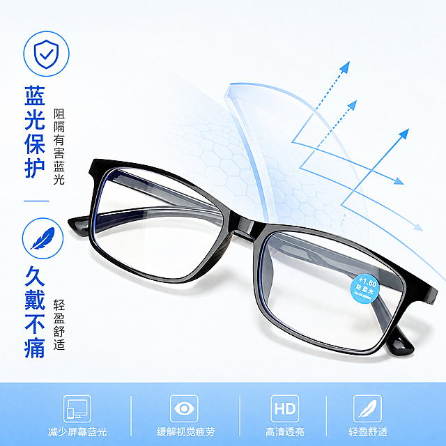 [主图4]蓝光防护功能展示，老花镜居中保持原图外观，叠加蓝光过滤示意图。左侧卖点竖排：蓝光保护 阻隔有害蓝光，久戴不痛 轻盈舒适。浅背景，蓝色标注，1:1比例，4K，清晰通透。负向：变形，杂乱，文字错乱。