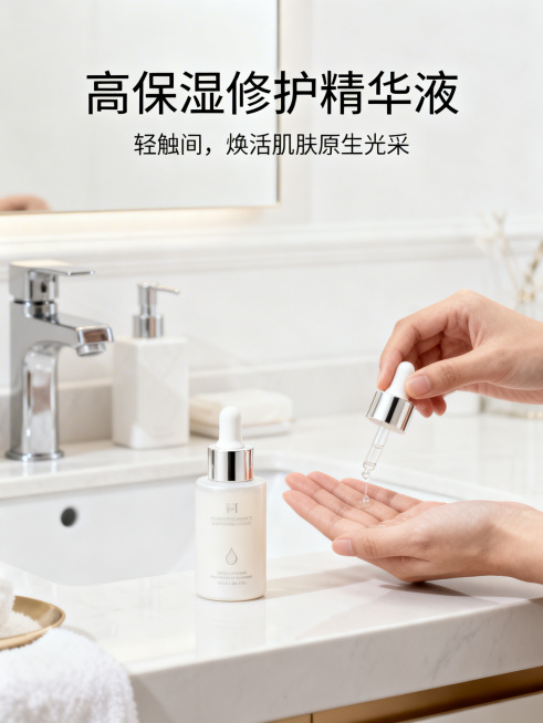 轻奢简约风护肤品场景视觉屏，白底浅肤色调，干净留白，细字体，高级质感。画面展示护肤品产品放置在整洁的浴室洗手台场景中，搭配手部使用产品的画面，上方大字写“高保湿修护精华液”，下方小字写温柔高级的slo预览效果