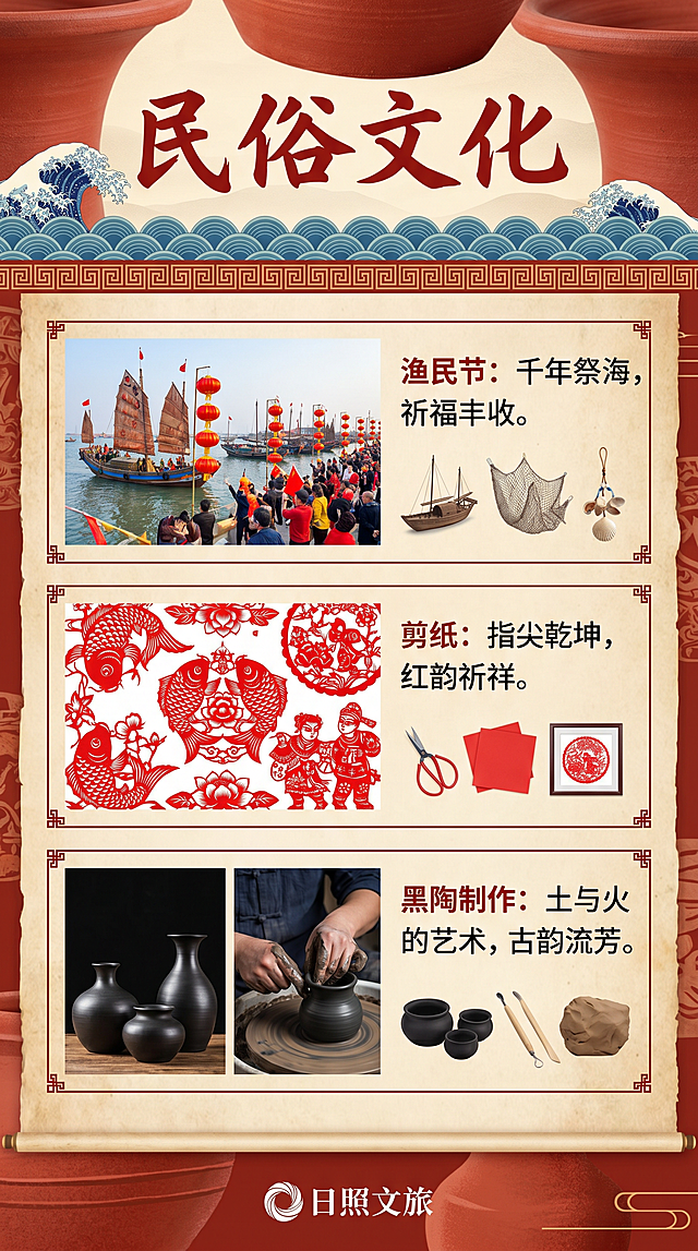 日照文旅H5内容页，标题“民俗文化”，介绍渔民节、剪纸、黑陶制作非遗文化，搭配非遗手作元素，传统中式设计风格，红陶配色